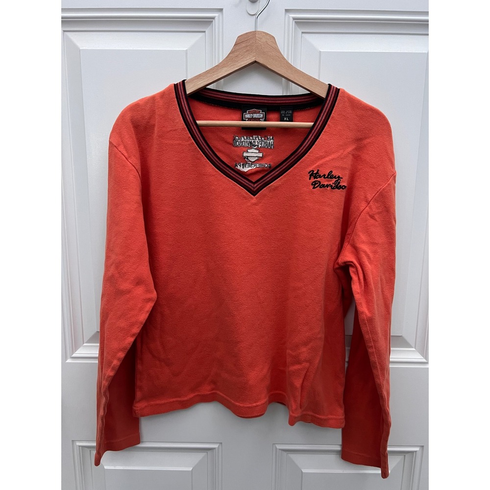 Harley Davidson Womens XL Orange V-Neck Long Sleeve Shirt Highland Somerset PA